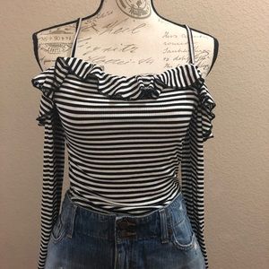 B&W Cut Out Shoulder Long Sleeve Top